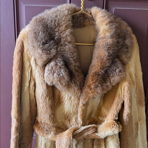 Rabbit Fur Coat Vintage Fur Mob Wife Belted Jacket S/M - Picture 2 of 15